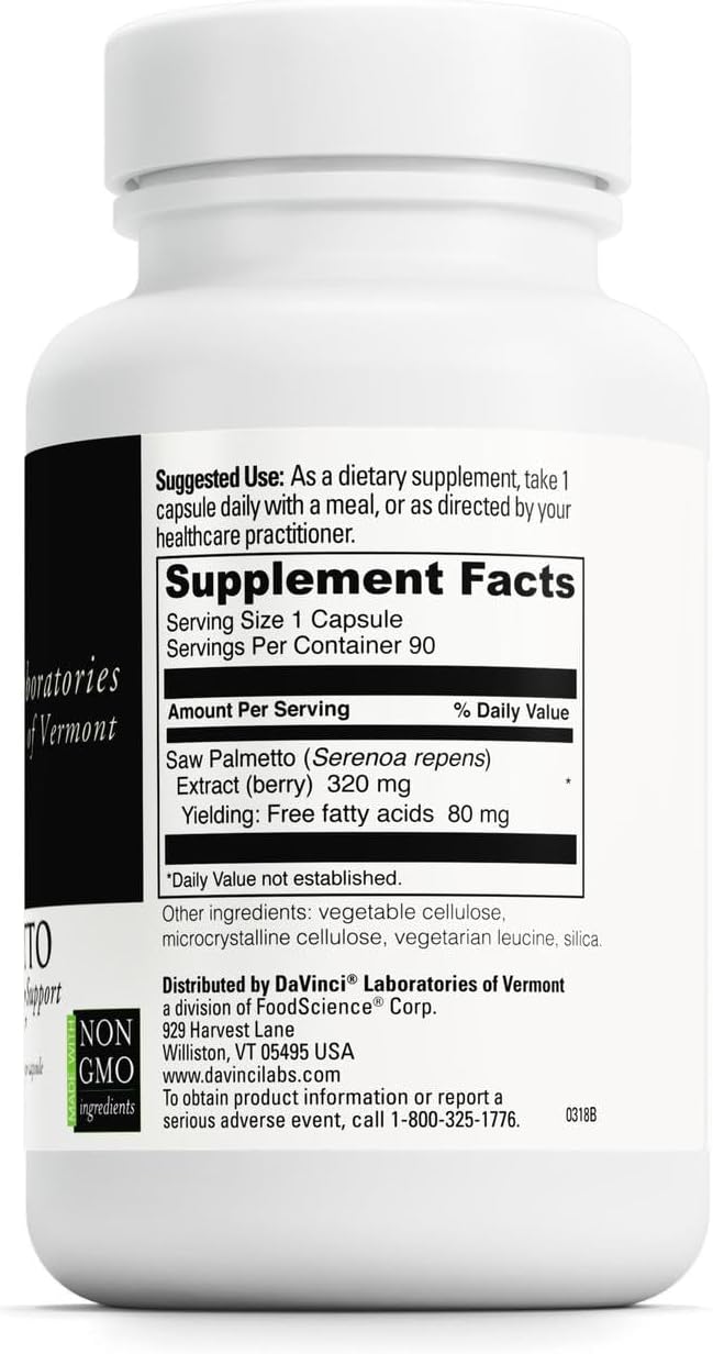 DAVINCI Labs Saw Palmetto - Dietary Supplement to Support Proper Prostate Health Function, Premenstrual Needs and Lactation* - with Saw Palmetto Berry Extract - Gluten-Free - 90 Vegetarian Capsules