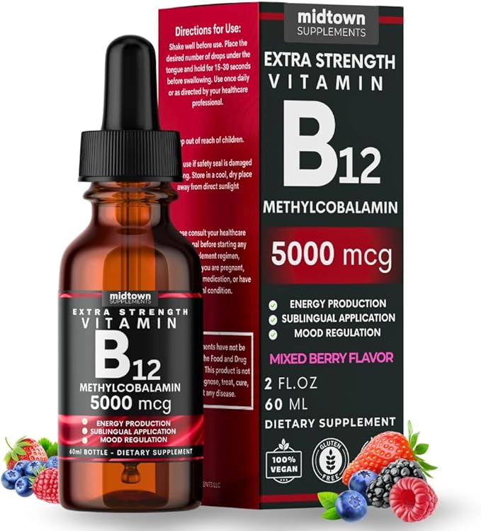 B12 Vitamins 5000 mcg - Sublingual B12 Methylcobalamin Drops - Vitamin B 12 for Women and Men - Mood & Energy Booster Methylated B 12 for Metabolism & Health Support