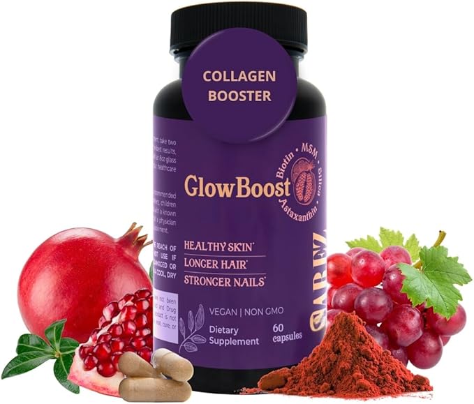 Sarez GlowBoost Collagen Booster — MSM, Bamboo Silica, Astaxanthin, Pomegranate, Biotin & Grape Seed — Supports Collagen Production & Protection, Skin Renewal, Hair & Nail Strength — 30 Day Supply