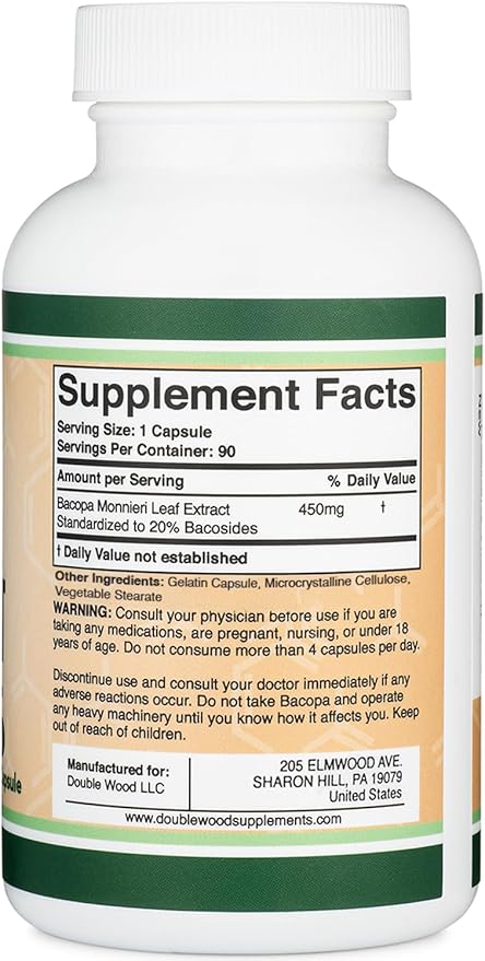 Bacopa Monnieri Capsules 20% Bacosides 450mg, 90 Count (Non-GMO, Gluten Free) Brahmi Extract (Memory Supplement for Brain Health, Focus, and Cognitive Function) by Double Wood
