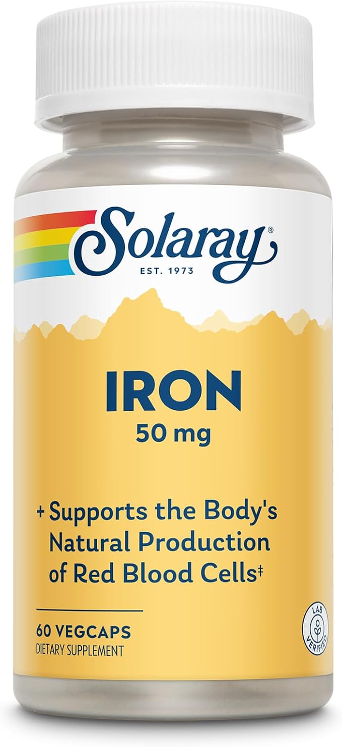 SOLARAY Iron Capsules 50mg - Iron Supplement for Women and Men w/Parsley and Yellow Dock Root, Supports Body's Natural Production of Red Blood Cells, 60-Day Guarantee, 60 Servings