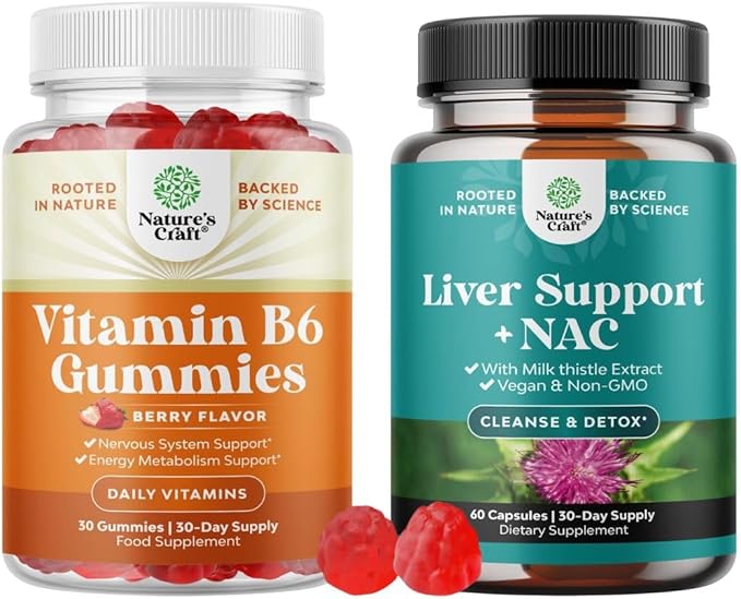 Bundle of Potent Vitamin B6 Gummies for Adults - Vitamin B Complex Supplements for Nervous System and Liver Support NAC Supplement with Milk Thistle for Liver Cleanse Detox & Repair N Acetyl Cysteine