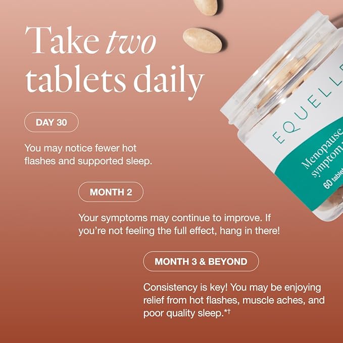 EQUELLE Multi-Symptom Perimenopause & Menopause Relief Relief from Hot Flashes, Muscle Aches & Supports More Sleep. Hormone-Free, Plant-Based S-Equol – 1 Month Supply (60 Tablets)