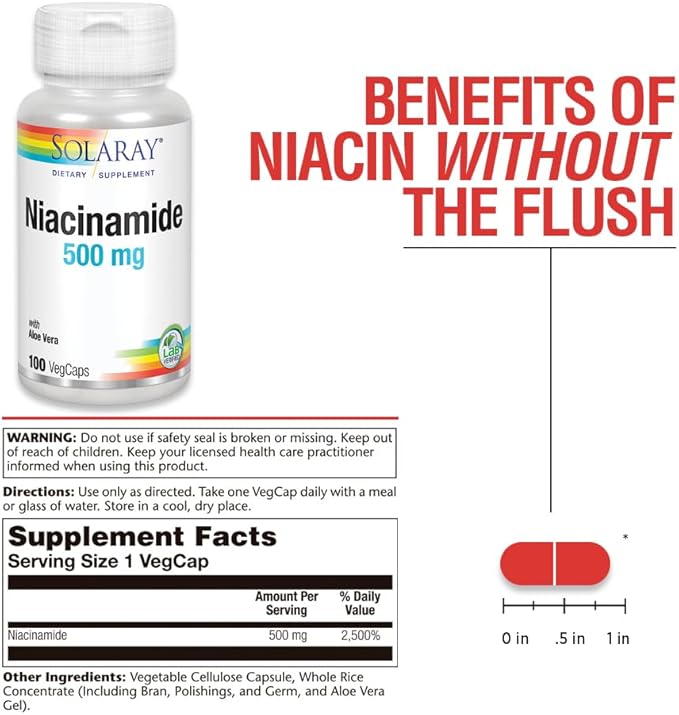 SOLARAY Niacinamide 500 mg | Vitamin B-3 | Energy Metabolism, Circulation, Nerve & Skin Health Support, 100 CT