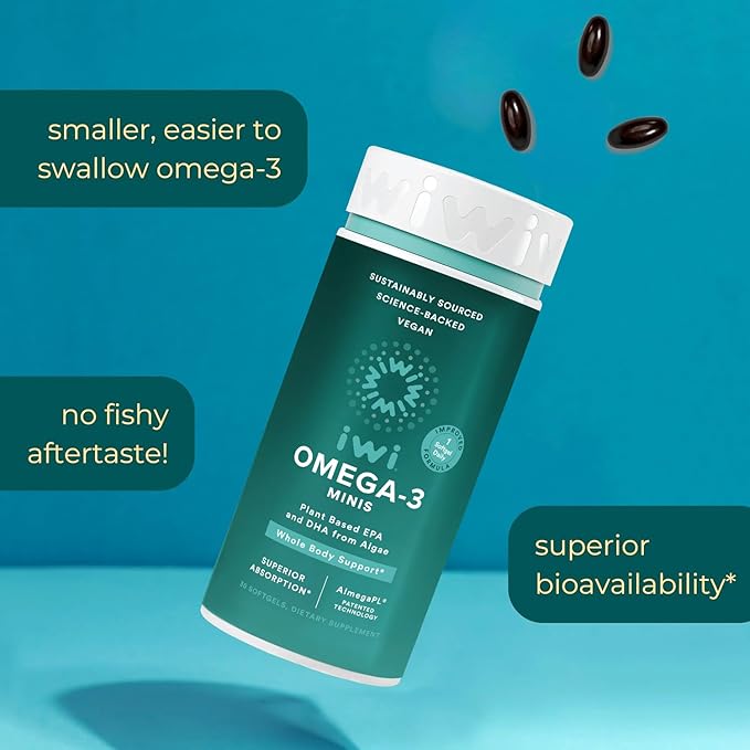 Iwi Omega-3 Mini Softgels (30 Servings), Easy to Swallow, Plant-Based Algae Omega 3 with EPA + DHA, Whole-Body Support Dietary Supplement, Krill & Fish Oil Alternative, No Fishy Aftertaste