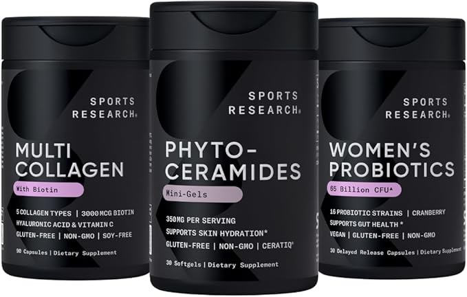 Sports Research® Supplements for Women Pack - Phytoceramides 350mg for Healthy Skin and Hydration + Biotin-Infused Collagen Peptides Complex + Women's Probiotics with Prebiotics