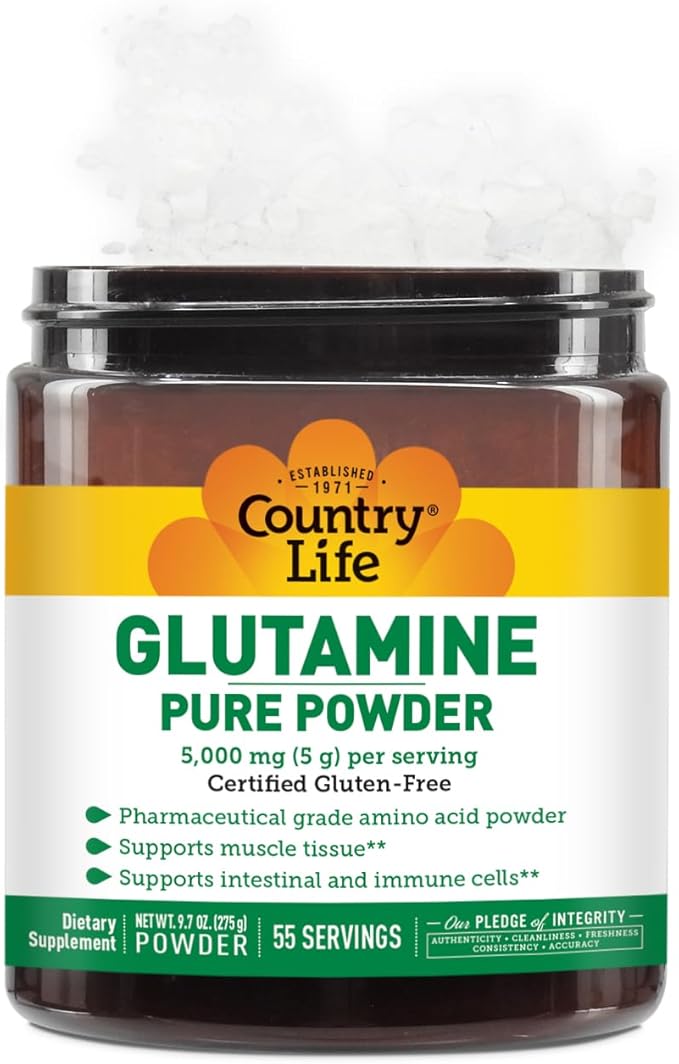 Country Life Glutamine Pure Powder - 5000mg L-Glutamine - Muscle Tissue, Gut Health, Immune Support - Gluten-Free Certified - Ideal Pre/Post Workout Amino Acid Supplement, 55 Servings, 9.7oz