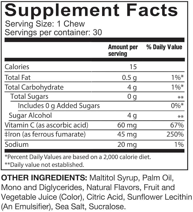 Celebrate Vitamins Iron Supplement with Vitamin C - 45mg Iron, 60mg Vitamin C, Bariatric Vitamins for WLS Patients, Vertical Sleeve & Gastric Bypass Surgery - Cherry, 30 Soft Chews