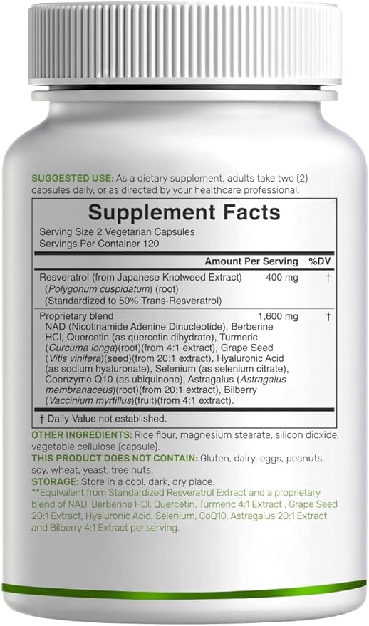 Resveratrol Complex 2,000mg, 240 Veggie Capsules – Extra Strength Trans-Resveratrol with NAD, Quercetin, Curcumin, Grape Seed & More – Healthy Aging Antioxidant for Energy & Brain Support