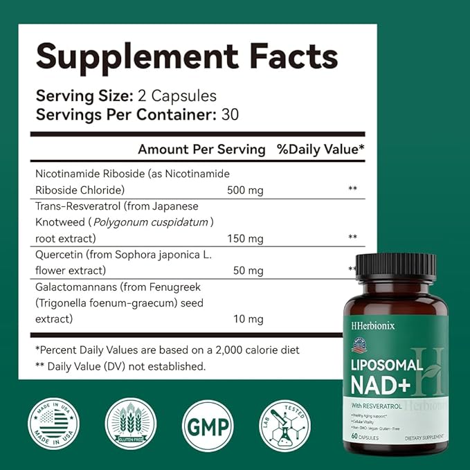 Liposomal NAD Supplement with Resveratrol, Advanced NAD+ Irans-Resveratrol, Nicotinamide Riboside, Quercetin, Heart Health, Healthy Aging, NR NMN Replacement(Made in USA)