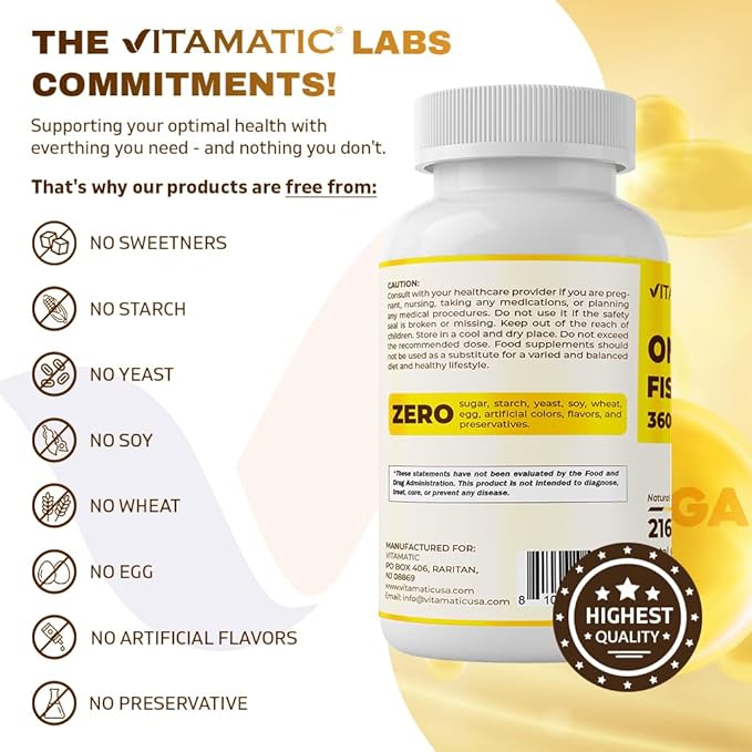Vitamatic Triple Strength Omega 3 Fish Oil 3600mg Per Serving, 2160mg Omega 3 Fatty Acids, 1296mg EPA + 864mg DHA, Burpless Lemon Flavor, 180 Softgels (Pack of 2)
