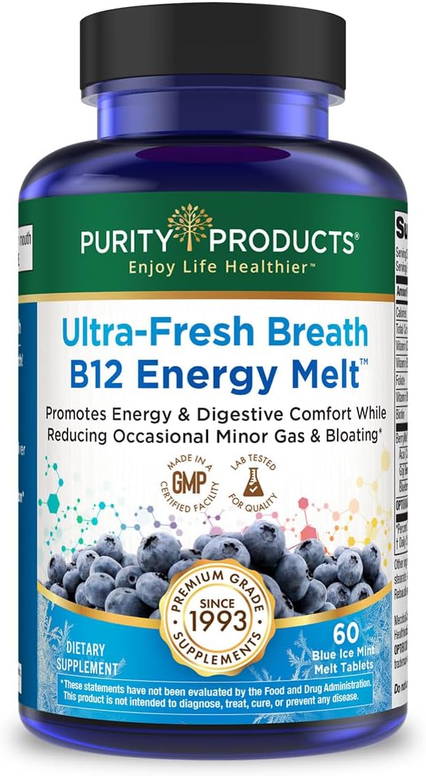 Ultra Fresh Breath B12 Energy Melts – 1000 mcg Methylcobalamin + Probiotics, Zinc, D3 & Biotin – Supports Energy, Immunity, Digestive Comfort & Oral Health - Mint Flavor Chewable Tablets – 60 Count