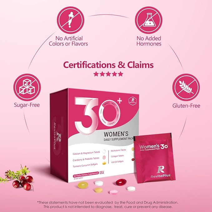 Multivitamin for Women with Vitamin A,B,C,D3,E,K2,Biotin, Collagen,Krill Oil,Cranberries Supports Energy,Wellness,Beauty and Immune - Vitamin Packs for Women Health 30 Packs