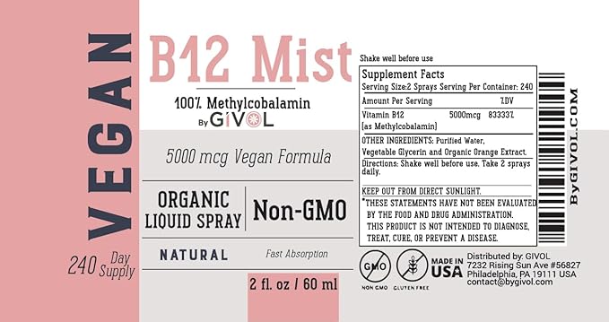 B12 Liquid Spray Mist – Hydrating Fine Mist Spray for Everyday Use – Easy Absorption & Convenient Application for Kids & Adults - 2 Fl Oz / 60 ml Travel-Friendly Bottle – 240 Spray Supply