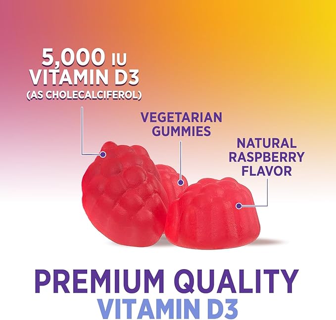 Vitamin D3 Gummies 125 mcg (5000 IU) Per Serving - 3X Strength Immune Support & Bone Support, Vitamin D Gummy Dietary Supplement, Nature's Berry D Vitamin Supplement, Raspberry Flavored - 60 Gummies