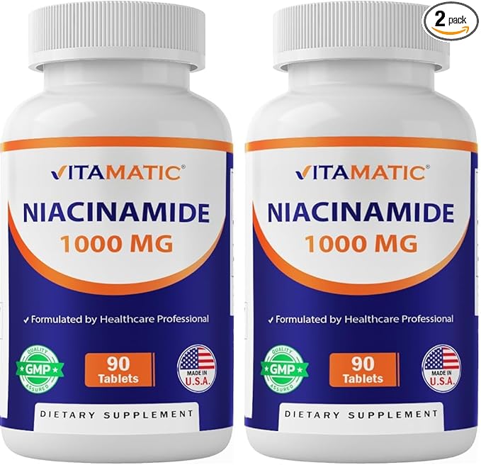 Vitamatic Niacinamide 1000 mg 90 Tablets - Flush Free Vitamin B3 - Supports Energy Production (Pack of 2)