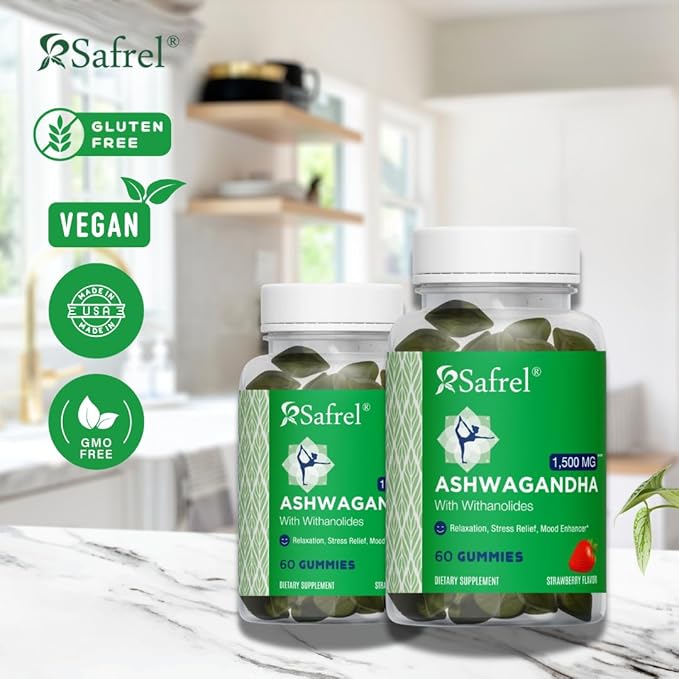 Safrel Ashwagandha Gummies Supplement - 60 Count - Strawberry, KSM-66, Vegan, Plant Based, Non-GMO, Gluten-Free & Gelatin Free