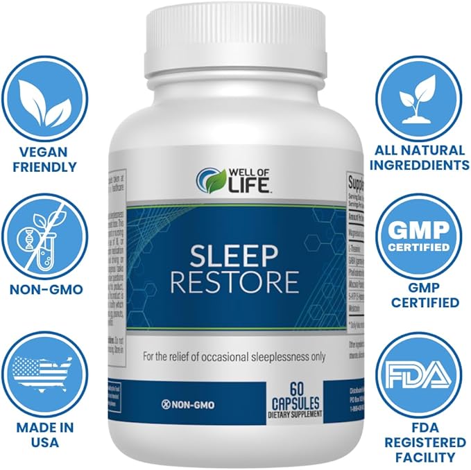 Well of Life Sleep Restore Supplement with Melatonin & Magnesium – Tranquil Sleep Support with L-Theanine GABA 5-HTP | Supports Relaxation & Calm Night Routine | 60 Vegan Capsules