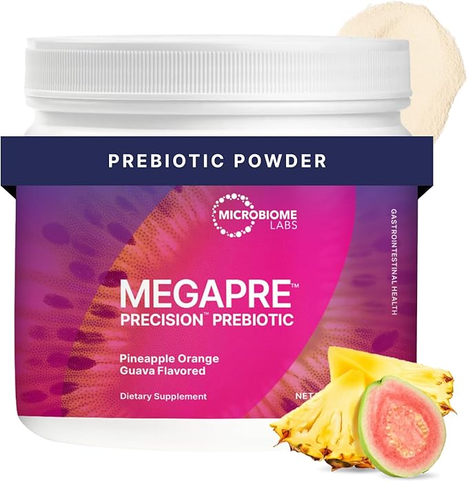 Microbiome Labs MegaPre Prebiotic Fiber Powder for Women, Men & Kids - Pineapple Orange Guava Prebiotic Fiber Supplement Powder with Clinically Tested Oligosaccharides for Microbial Support (5.1 Oz)