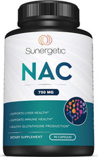 Sunergetic Premium NAC Supplement N-Acetyl Cysteine – 750mg Per Capsule – Supports Liver, Detox Immune, Cellular & Respiratory Health – 90 N Acetyl Cysteine Capsules