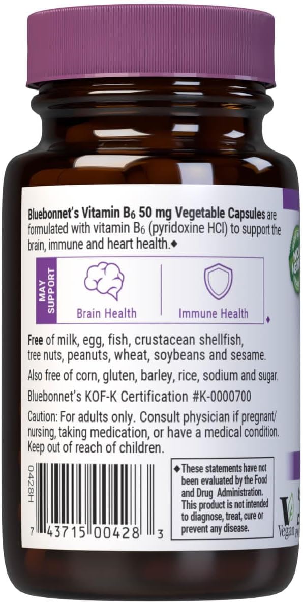 Bluebonnet Nutrition Vitamin B6 50mg Energy Vitamins for Women & Men - Nervous System Immune & Heart Health Support Supplement - Non-GMO, Vegan, Gluten-Free - 90 Vegetable Capsules
