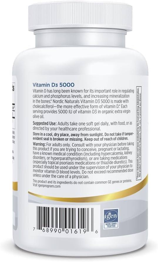 Nordic Naturals Pro Vitamin D3 5000, Orange - 120 Mini Soft Gels - 5000 IU Vitamin D3 - Supports Healthy Bones, Mood & Immune System Function - Non-GMO - 120 Servings