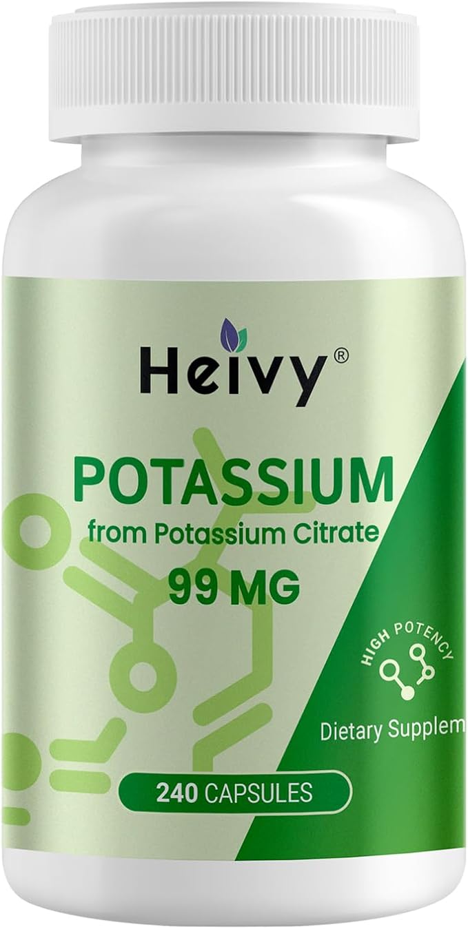 Heivy Potassium Citrate 99mg, 240 Capsules - Vegan, Allergen-Free Potassium Supplements for Electrolyte Balance, Lab-Tested Mineral Supplement, Made in USA