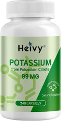 Heivy Potassium Citrate 99mg, 240 Capsules - Vegan, Allergen-Free Potassium Supplements for Electrolyte Balance, Lab-Tested Mineral Supplement, Made in USA