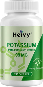 Heivy Potassium Citrate 99mg, 240 Capsules - Vegan, Allergen-Free Potassium Supplements for Electrolyte Balance, Lab-Tested Mineral Supplement, Made in USA