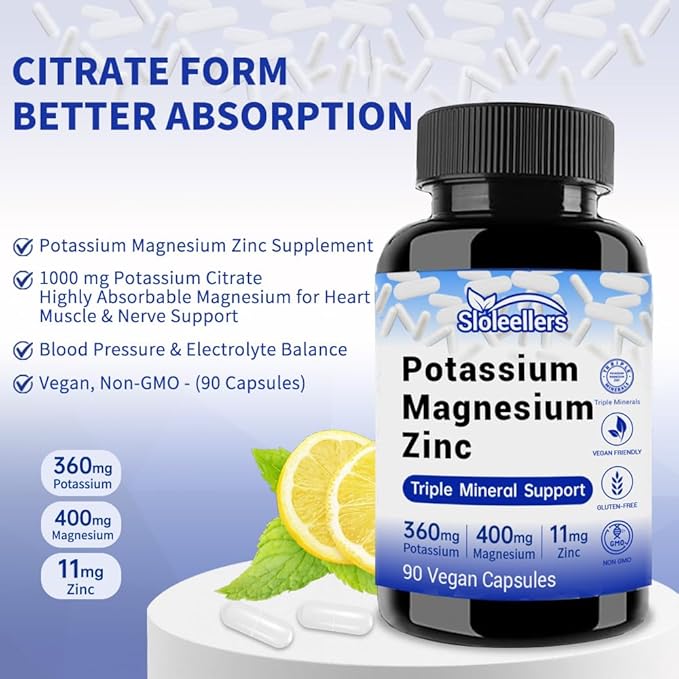 Potassium Magnesium Zinc Supplement – 1000mg Potassium Citrate & 400mg Magnesium Citrate – Supports Muscle Function, Electrolyte Balance & Nervous System Health – 90 Vegan Capsules