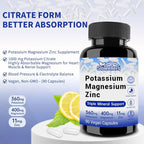 Potassium Magnesium Zinc Supplement – 1000mg Potassium Citrate & 400mg Magnesium Citrate – Supports Muscle Function, Electrolyte Balance & Nervous System Health – 90 Vegan Capsules