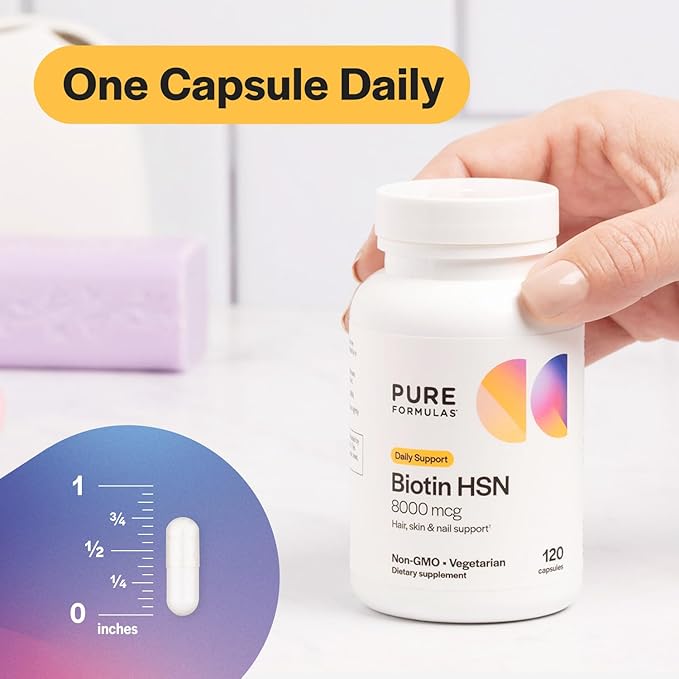 PureFormulas Biotin 8000 mcg Hair Skin Nails Biotin Supplement Biotina, Biotin Hair Growth Vitamins B7 Supplement for Women & Men 120 Capsules