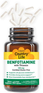 Country Life Benfotiamine with Thiamin, Nerve Health Support, 150mg, 60 Vegetarian Capsules, Certified Gluten Free, Certified Vegan