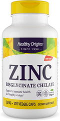 Healthy Origins Zinc Bisglycinate Chelate 50 mg, 120 Veggie Capsules - Featuring Albion Minerals TRAACS High Bioavailability Complex, Supports Immune & Metabolic Health & Skin Cellular Support