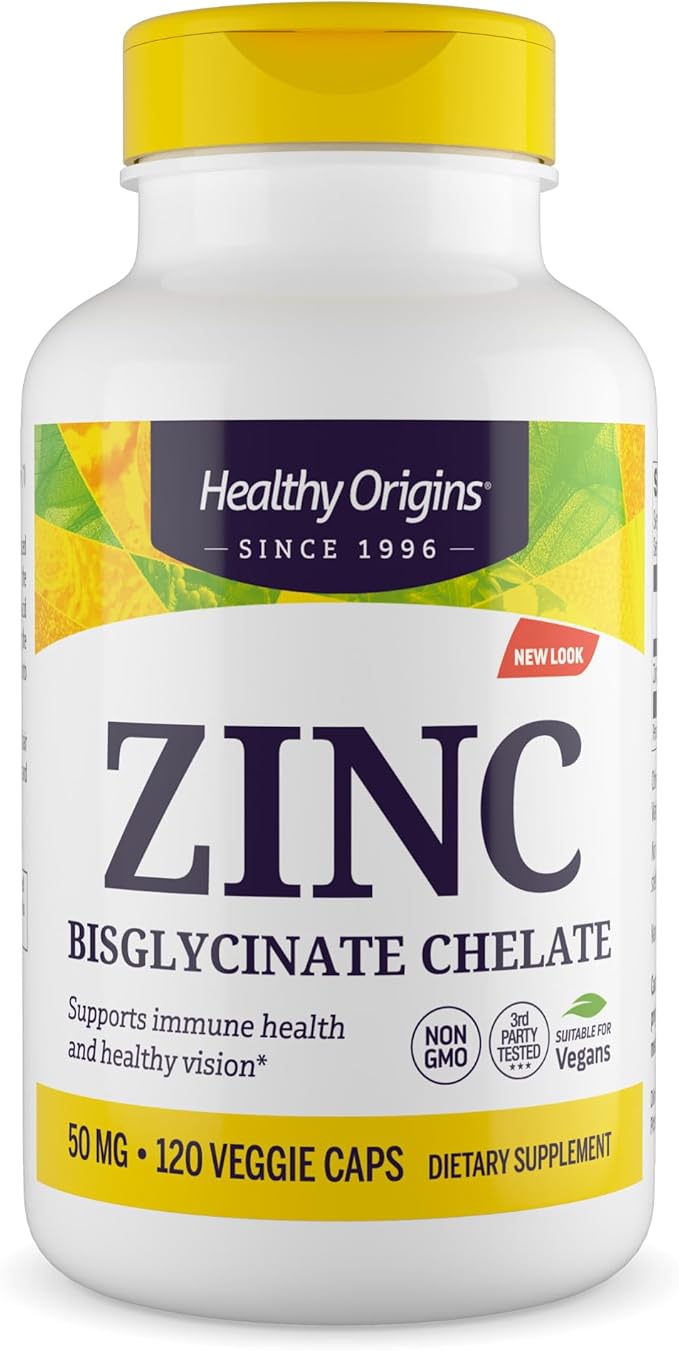 Healthy Origins Zinc Bisglycinate Chelate 50 mg, 120 Veggie Capsules - Featuring Albion Minerals TRAACS High Bioavailability Complex, Supports Immune & Metabolic Health & Skin Cellular Support