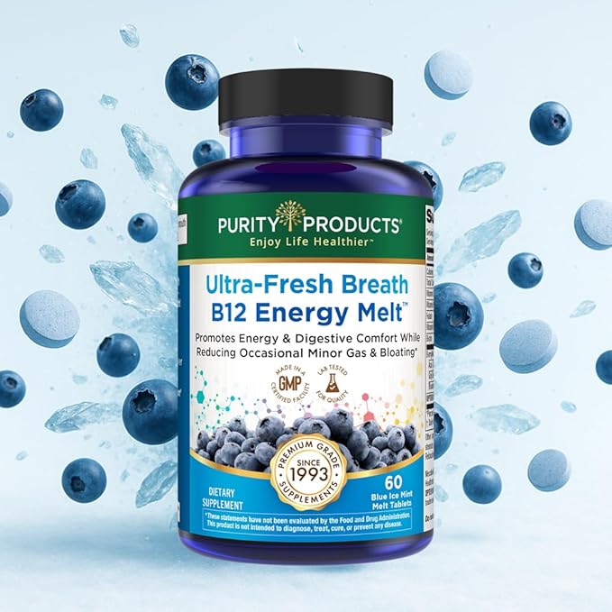 Ultra Fresh Breath B12 Energy Melts – 1000 mcg Methylcobalamin + Probiotics, Zinc, D3 & Biotin – Supports Energy, Immunity, Digestive Comfort & Oral Health - Mint Flavor Chewable Tablets – 60 Count