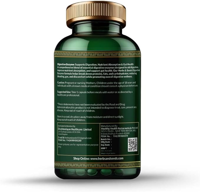 HERBS & SEEDS Digestive Enzymes for Gut Health Multi Enzyme Complex with Bromelain, Papain, Amylase & Protease – Supports Healthy Digestion, Nutrient Absorption & Gut Comfort – 90 Vegan Capsules