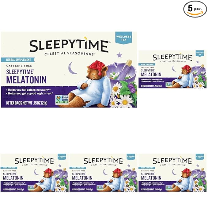 Celestial Seasonings Sleepytime Tea Plus Melatonin, Caffeine Free, Celestial Seasonings Herbal Tea, 18 Bag Box (Pack of 5)