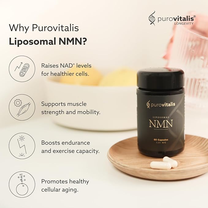 PUROVITALIS Liposomal NMN, 250mg Longevir Nicotinamide Mononucleotide Supplement, NAD+ Boost for Cellular Health, Energy & Healthy Aging, 1-Month Supply (60 Vegan Capsules)