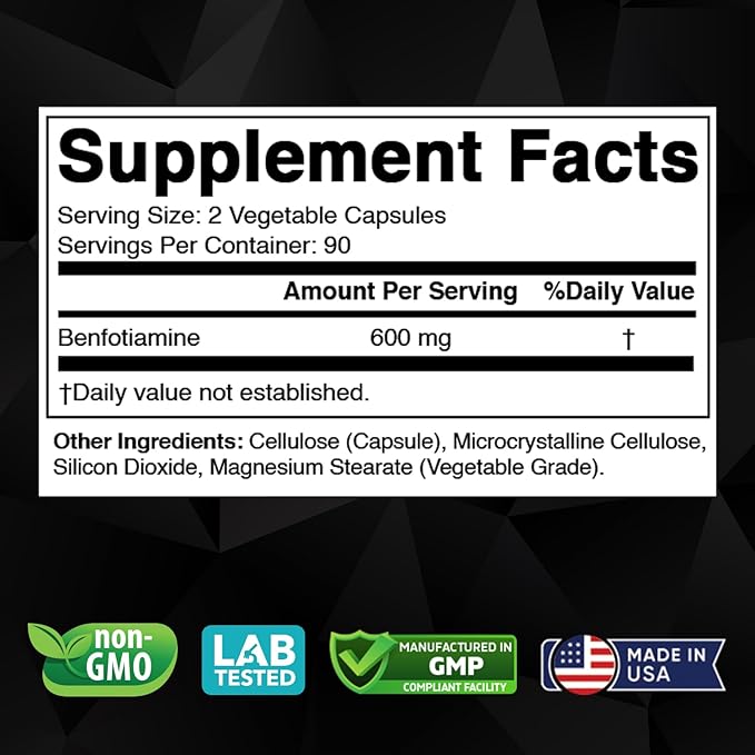 Vitabod Benfotiamine 600mg – 180 Vegetarian Capsules – Fat-Soluble Vitamin B1 Supplement