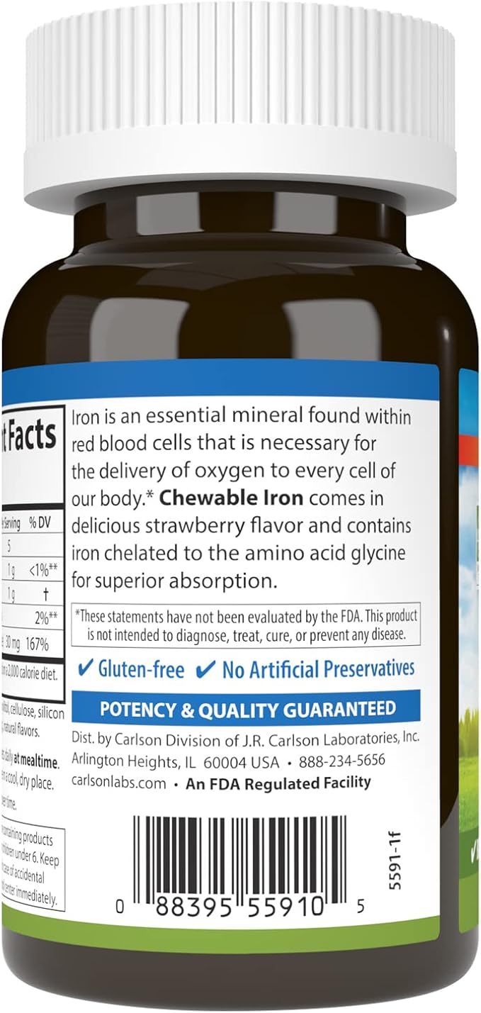Carlson - Chewable Iron, 30 mg, Superior Absorption, Blood Health, Energy Production & Optimal Wellness, Natural Strawberry Flavor, 60 Tablets