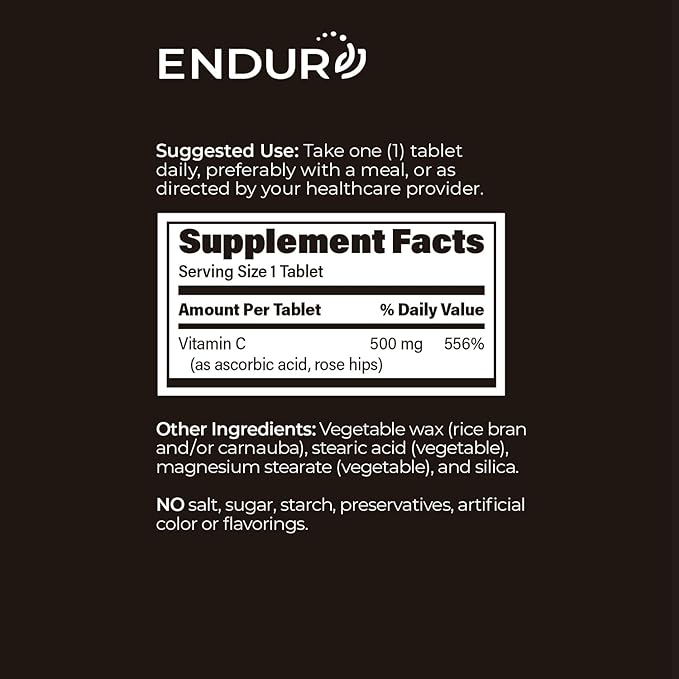 ENDUR-C - Vitamin C + Rose Hips - SR (Sustained Release) 500 mg - Supports Immune Health & Collagen Production - Gentle Digestion with Optimal 5–7 Hour Absorption Delivery - 200 Tablets