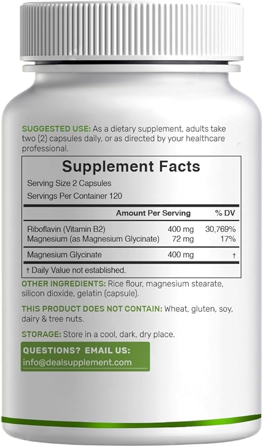 DEAL SUPPLEMENT Vitamin B2 400mg (Riboflavin) | with Magnesium Glycinate 400mg, 240 Capsules – 2 in 1 Support Healthy Nervous System, Mood, Blood & Energy Production, Non-GMO