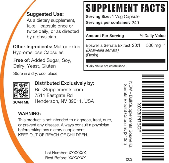 BulkSupplements.com Boswellia Serrata Extract Capsules - Boswellia Serrata Capsules - Boswellia Serrata Supplement, Gluten Free, 1 Capsule per Serving, 240 Veg Capsules (Pack of 1)