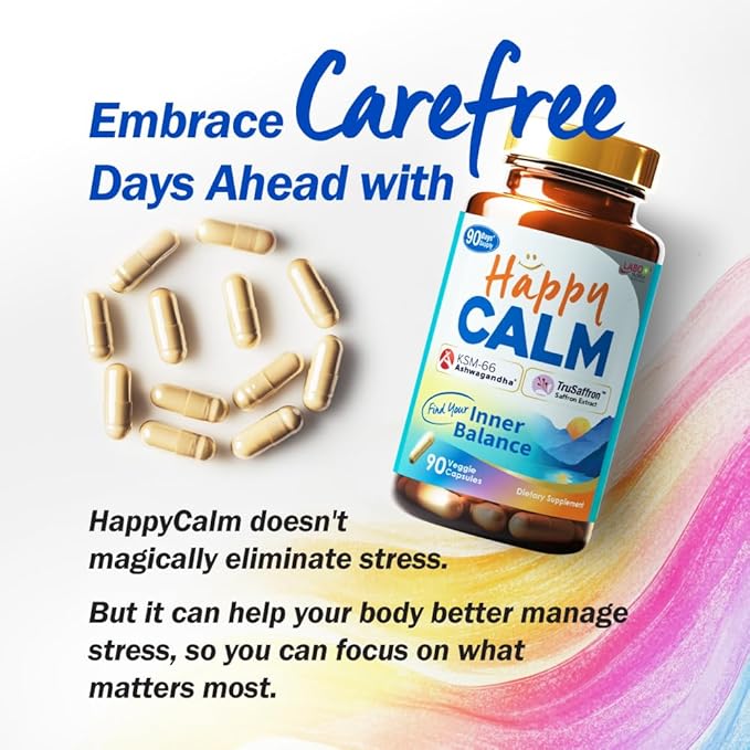 LABO Nutrition Happy Calm with KSM-66 Ashwagandha 5% Withanolides, Saffron Extract and Black Pepper Extract for Stress Relief, Energy, Quality Sleep & Relaxation, Non GMO 90 Veggie Capsules