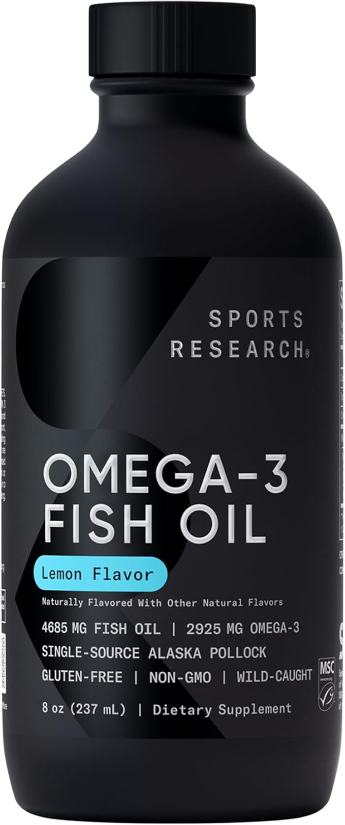 Sports Research® Omega-3 Fish Oil, 8oz Glass Bottle - 4685mg of Wild Caught Alaska Pollock Fish Oil per Serving - Easy-to-Take Liquid · Lemon Flavor · Non-GMO · MSC Certified Sustainable - 48 Servings