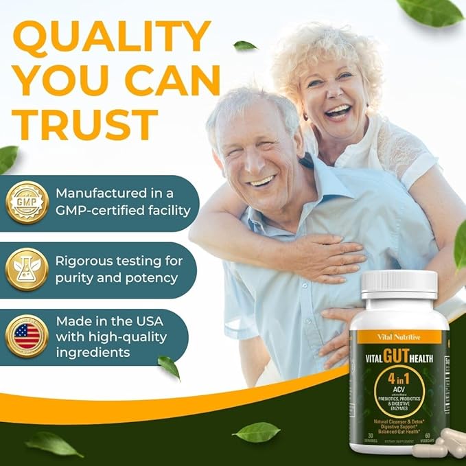 Vital Gut Health 4in1 Formula with Apple Cider Vinegar, Prebiotics & Probiotics, Digestive Enzymes for Strong Immunity Support and Complete Gut and Digestion Support- 60 Days Supply