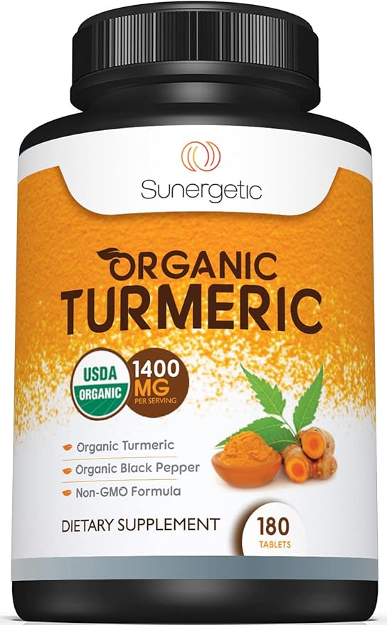 Sunergetic USDA Certified Organic Turmeric Supplement – Includes Organic Turmeric & Organic Black Pepper – 1,400mg of Turmeric per Serving - 180 Count (Pack of 1)