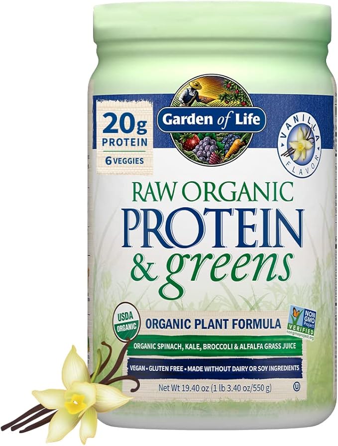 Garden of Life Raw Protein & Greens Vanilla Protein Powder – 20g Plant Based Greens Powder, Probiotics & Enzymes, Post-Workout Recovery, Vegan, Gluten-Free, Non-GMO, 20 Servings