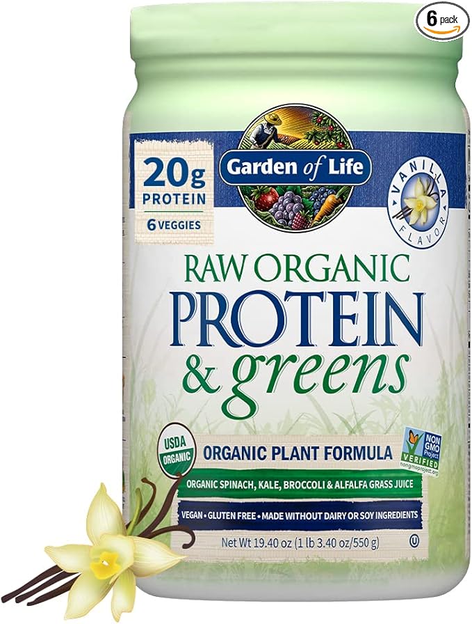 Garden of Life Raw Protein & Greens Vanilla Protein Powder – 20g Plant Based Greens Powder, Probiotics & Enzymes, Post-Workout Recovery, Vegan, Gluten-Free, Non-GMO, 20 Servings, (Pack of 6)
